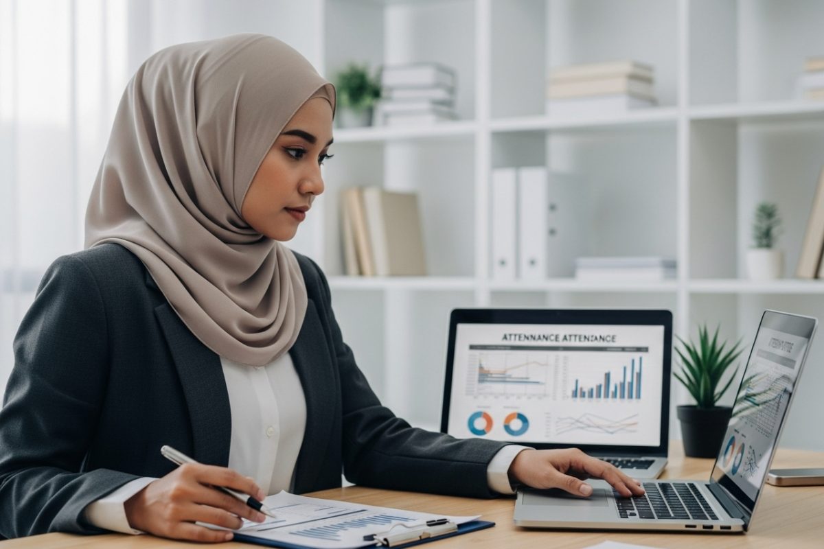 HR Wanita Bertudung Semak Rekod Attendance